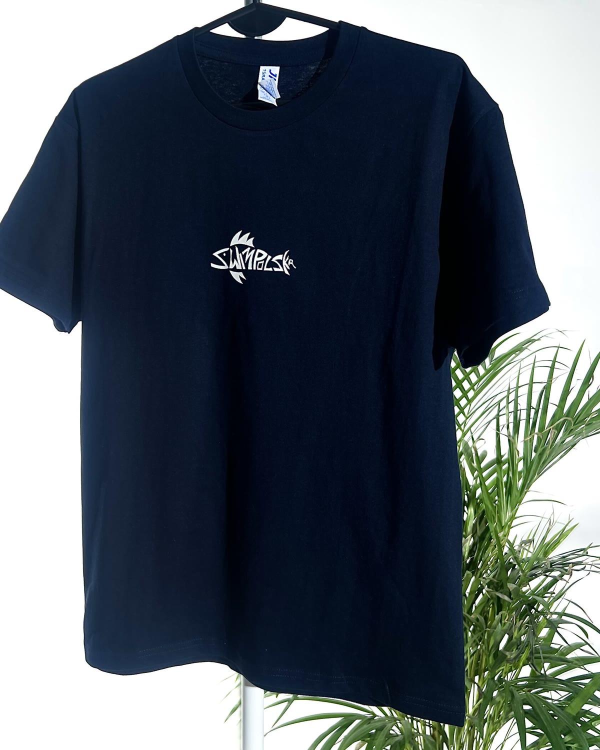 Navy T-shirt with a white SwimPolska graffiti tag on the chest